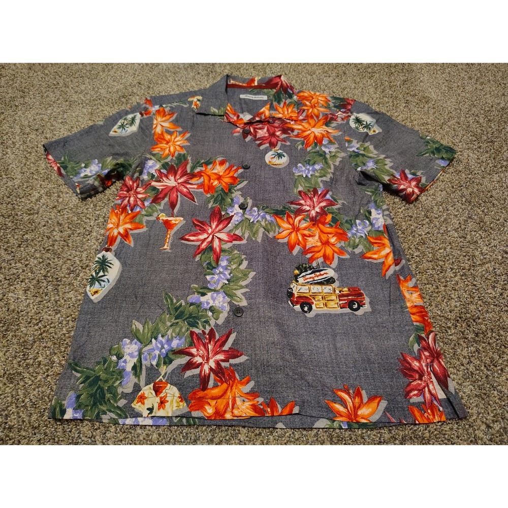 Tommy Bahama Mens S Grey Silk Tropical Floral Christmas Woodie Wagon Shirt TB93